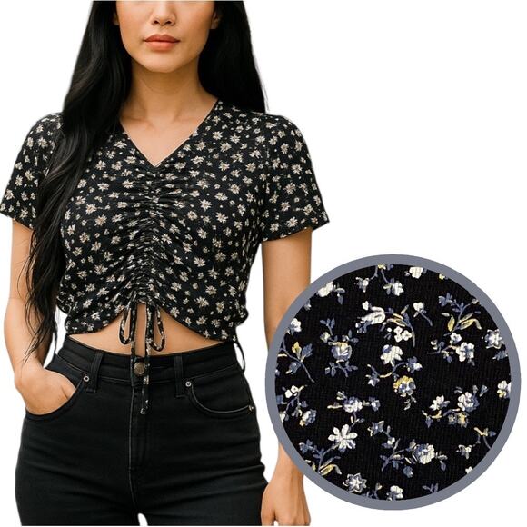 Whimsigoth Floral Scrunch Crop Top Womens‎ S Softgirl Cottagecore Coquette Goth - Picture 1 of 10